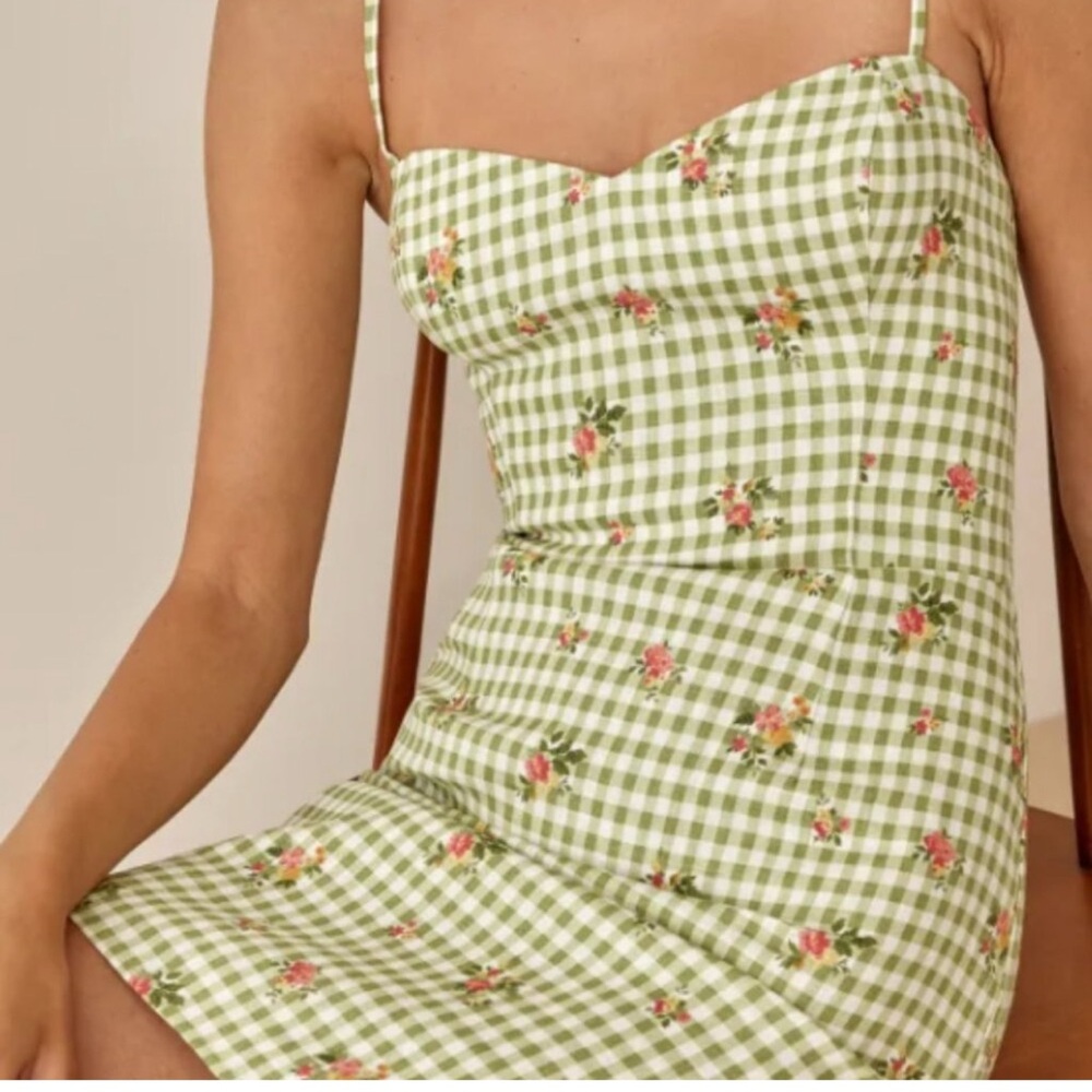Reformation Linen Roarke Dress in Patio Green Gingham Mini